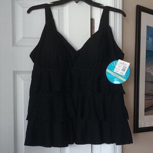 SWIM SOLUTIONS Bathing Suit Tankini Top Black with Ruffles Size 20 NEW